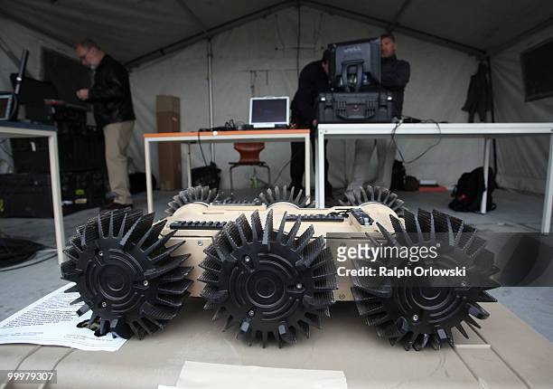 The land-robot "Scorpion V2" of U.S. Company Macro stands at an exibition during a trial at the German army base on May 18, 2010 in Hammelburg,...
