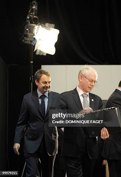 Spain's Prime Minister Jose Luis Rodriguez Zapatero and European Union President Belgian Herman Van Rompuy arrive for a press conference at the end...