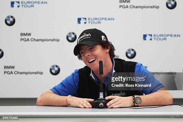 Rory McIlroy of Northern Ireland talks at a press conference during the Pro-Am round prior to the BMW PGA Championship on the West Course at...