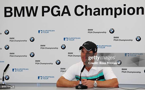 Paul Casey of England talks at a press conference during the Pro-Am round prior to the BMW PGA Championship on the West Course at Wentworth on May...