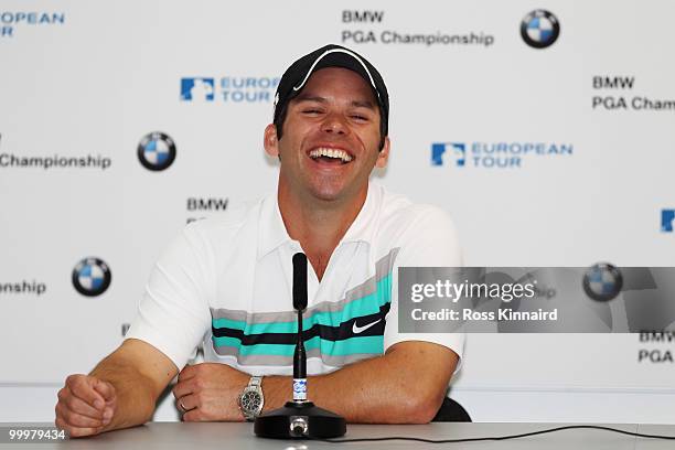 Paul Casey of England talks at a press conference during the Pro-Am round prior to the BMW PGA Championship on the West Course at Wentworth on May...