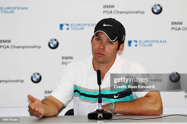 Paul Casey of England talks at a press conference during the Pro-Am round prior to the BMW PGA Championship on the West Course at Wentworth on May...