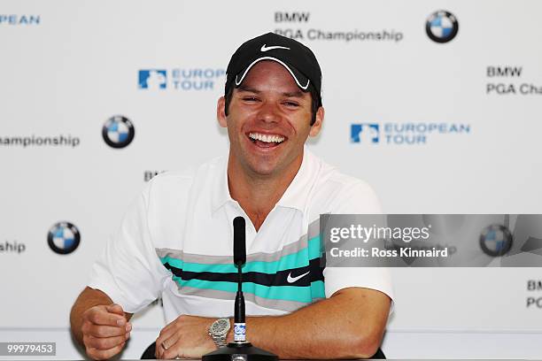 Paul Casey of England talks at a press conference during the Pro-Am round prior to the BMW PGA Championship on the West Course at Wentworth on May...