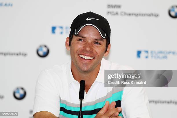 Paul Casey of England talks at a press conference during the Pro-Am round prior to the BMW PGA Championship on the West Course at Wentworth on May...