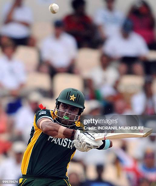 Pakistan cricketer Umar Akmal plays a shot during the ICC World Twenty20 second semifinal match between Australia and Pakistan at the Beausejour...