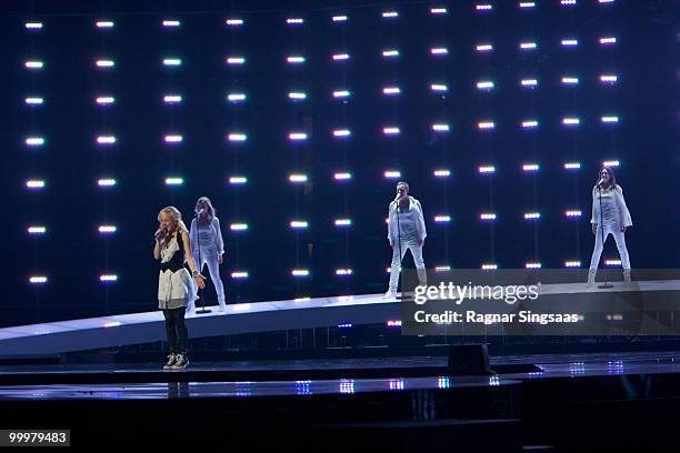 Anna Bergendahl of Sweden performs at the open rehearsal at the Telenor Arena on May 18, 2010 in Oslo, Norway. In all, 39 countries will take part in...
