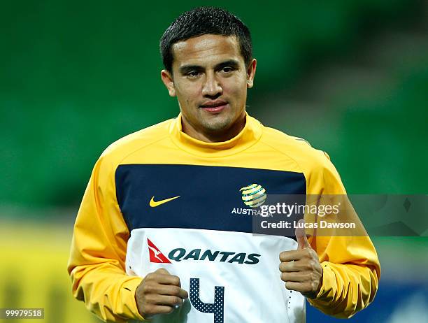 Tim Cahill of the Socceroos warms up during an Australian Socceroos training session at AAMI Park on May 19, 2010 in Melbourne, Australia.