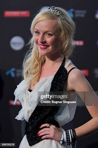 Anna Bergendahl of Sweden performs during a press conference after the open rehearsal at the Telenor Arena on May 18, 2010 in Oslo, Norway. In all,...