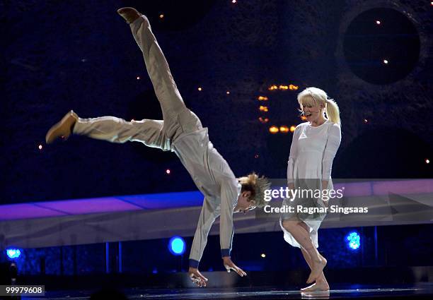 Johanna Virtanen of Kuunkuiskaajat performs at the open rehearsal at the Telenor Arena on May 16, 2010 in Oslo, Norway. 39 countries will take part...