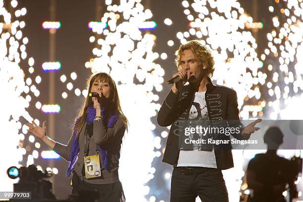 Chanee & N'evergreen of Denmark perform at the open rehearsal at the Telenor Arena on May 18, 2010 in Oslo, Norway. 39 countries will take part in...