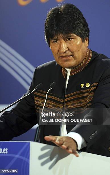 Bolivia's President Evo Morales gives a press conference at the end of the Andin Community summit on May 19, 2010 in Madrid. European and Latin...