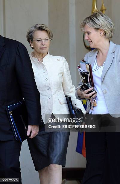 Justice minister Michele Alliot-Marie and French Junior Minister for Family and Solidarity Nadine Morano leave the Elysee Palace following the weekly...