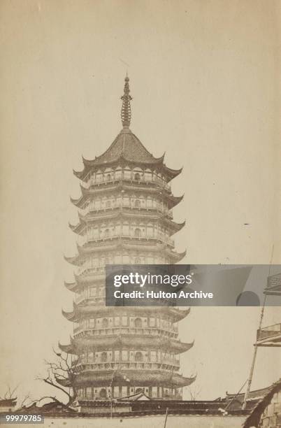 The Pih Che Tah Pagoda or North Temple Pagoda in Soochow , circa 1865.