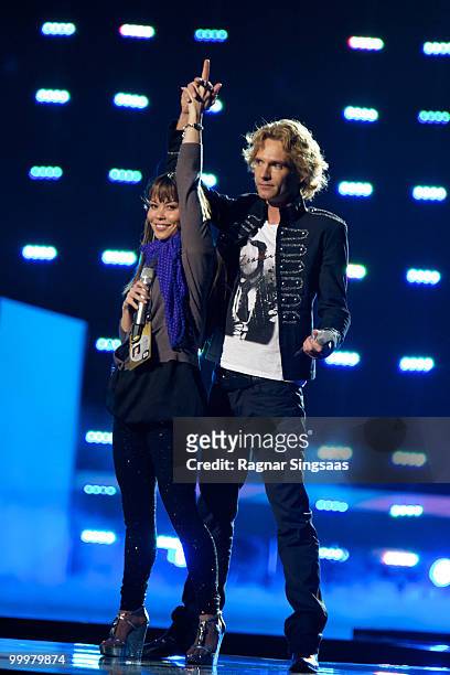 Chanee & N'evergreen of Denmark perform at the open rehearsal at the Telenor Arena on May 18, 2010 in Oslo, Norway. 39 countries will take part in...
