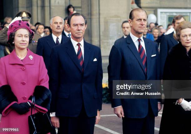 Queen Elizabeth ll and Prince Philip, Duke of Edinburgh pose with Grand Duke Jean and the Grand Duchess of Luxembourg during a visit to Luxembourg in...