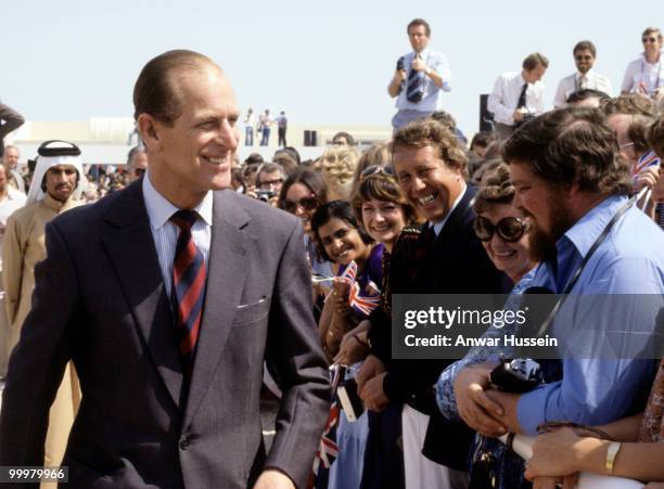 Prince Philip, Duke of Edinburgh meets wellwishers during a visit to Kuwait, February 1979.