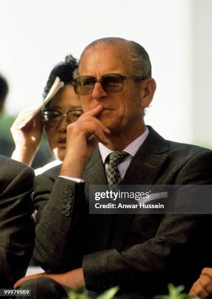 Prince Philip, Duke of Edinburgh looks on during a visit to China on October 1, 1986 in Kunming, China.