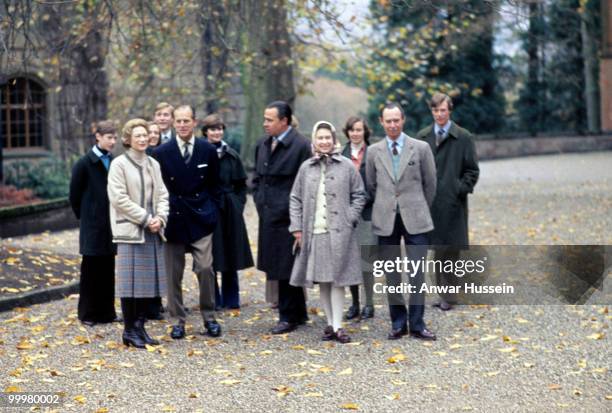 Queen Elizabeth ll and Prince Philip, Duke of Edinburgh walk with Grand Duke Jean and the Grand Duchess of Luxembourg and family during a visit to...