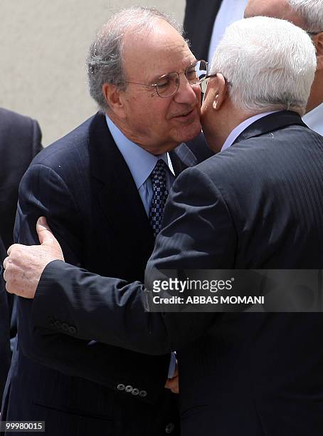 Palestinian President Mahmud Abbas welcomes US Middle East envoy George Mitchell upon arrival for official meetings in the West Bank city of Ramallah...