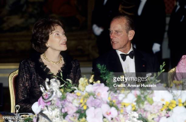 Prince Philip, Duke of Edinburgh and Madame Mitterand chat on June 9, 1992 in Paris, France.