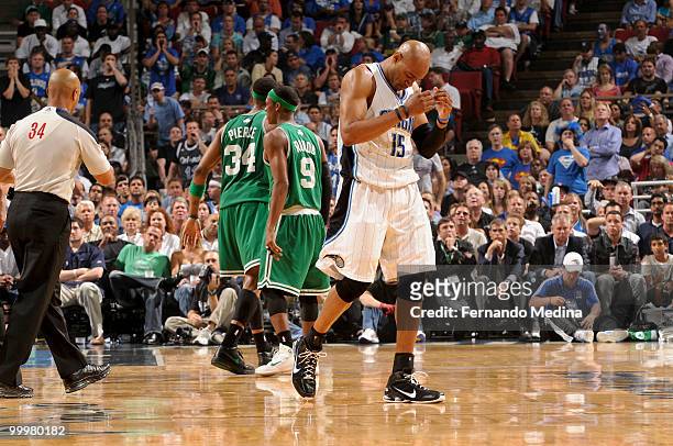 Vince Carter of the Orlando Magic reacts as he walks off the court during a time out against the Boston Celtics in Game Two of the Eastern Conference...