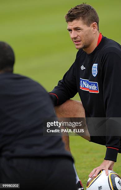 England footballer Steven Gerrard stretches during a training session of the English national football team in Irdning, Austria on May 19, 2010 ahead...