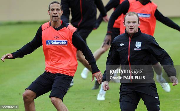 England footballers Rio Ferdinand and Wayne Rooney take part in a training session of the English national football team in Irdning, Austria on May...