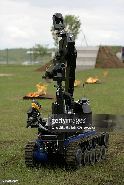Teodor" ground robot of German Telerob company drives during a demonstration at the German army base on May 18, 2010 in Hammelburg, Germany. ELROB...