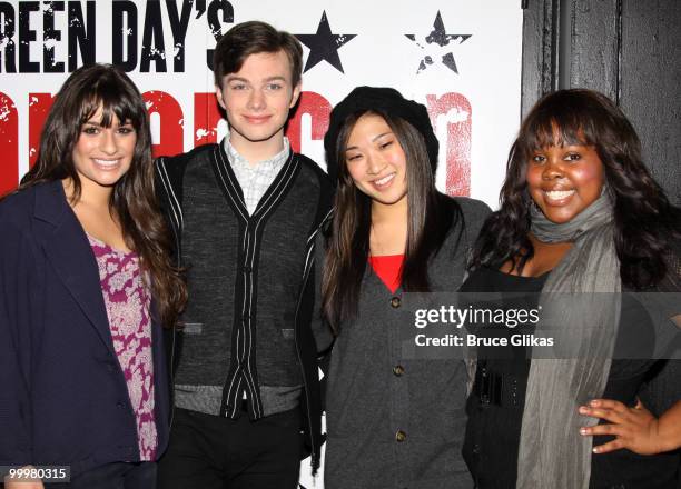 "Glee" cast members Lea Michele, Chris Colfer, Jenna Ushkowitz and Amber Riley attend a performance of "American Idiot" on Broadway at The St James...