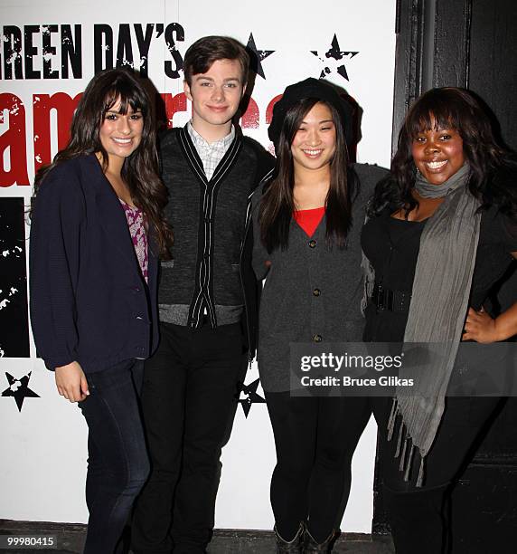 "Glee" cast members Lea Michele, Chris Colfer, Jenna Ushkowitz and Amber Riley attend a performance of "American Idiot" on Broadway at The St James...