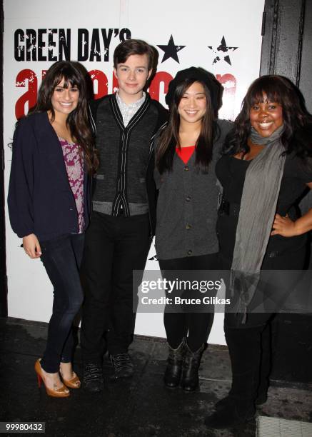 "Glee" cast members Lea Michele, Chris Colfer, Jenna Ushkowitz and Amber Riley attend a performance of "American Idiot" on Broadway at The St James...