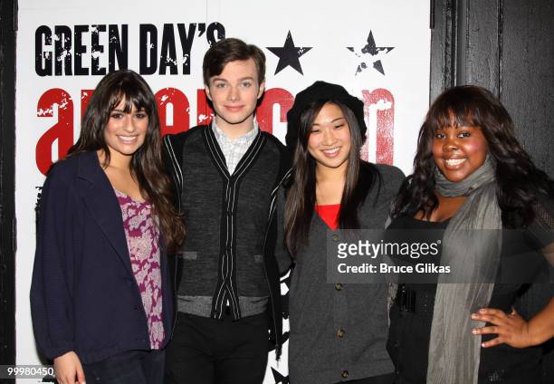 "Glee" cast members Lea Michele, Chris Colfer, Jenna Ushkowitz and Amber Riley attend a performance of "American Idiot" on Broadway at The St James...