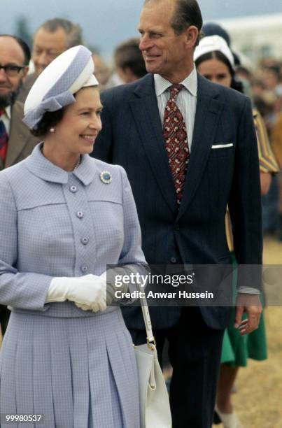 Queen Elizabeth ll and Prince Philip, Duke of Edinburgh smile during the Queen's Silver Jubilee Tour in February, 1977 in Wellington, New Zealand.