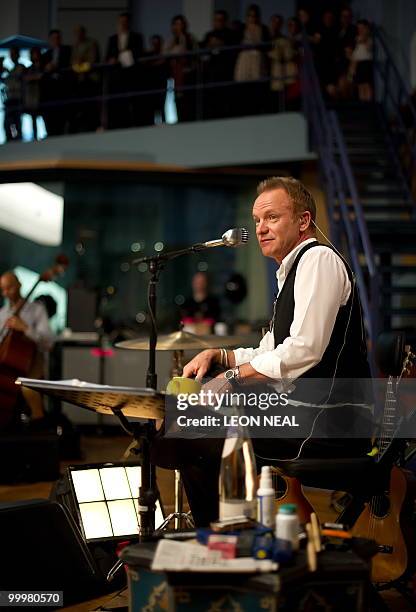 British recording artist Sting rehearses with the Royal Philharmonic Orchestra at Abbey Road Studios in west London on May 19, 2010 as he releases...