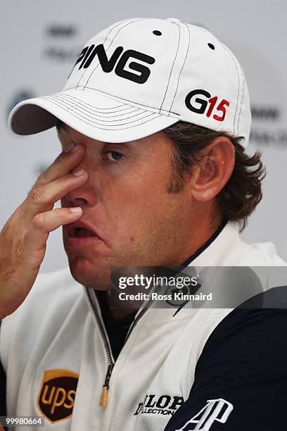Lee Westwood of England talks at a press conference during the Pro-Am round prior to the BMW PGA Championship on the West Course at Wentworth on May...
