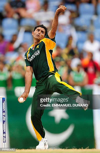 Pakistani bowler Abdul Razzaq delivers during the ICC World Twenty20 second semifinal match between Australia and Pakistan at the Beausejour Cricket...