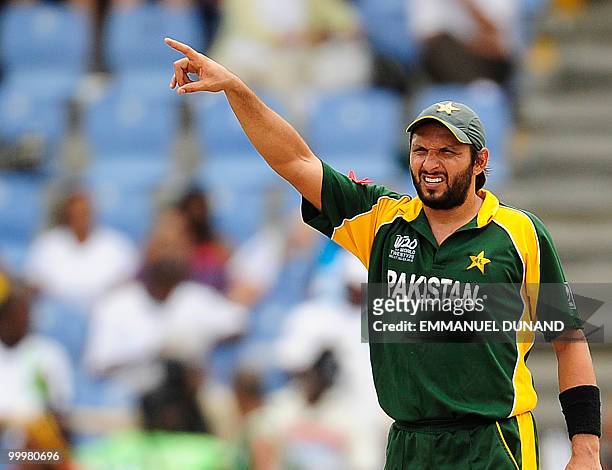 Pakistani captain Shahid Afridi gestrures during the ICC World Twenty20 second semifinal match between Australia and Pakistan at the Beausejour...
