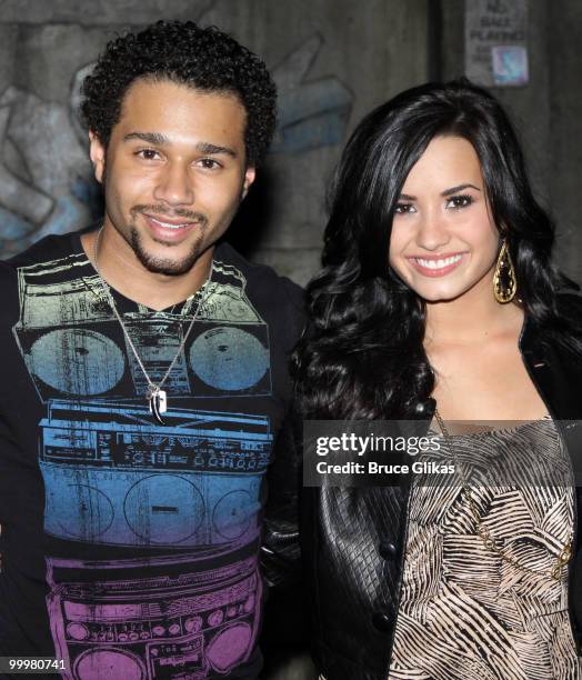 Corbin Bleu and Demi Lovato pose backstage after a performance of "In The Heights" on Broadway at Richard Rodgers Theatre on May 18, 2010 in New York...