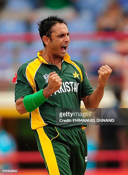 Pakistani bowler Abdur Rehman celebrates after taking the wicket of Australian batsman Brad Haddin during the ICC World Twenty20 second semifinal...