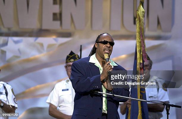 Stevie Wonder signs at the democratic national convention in Los Angeles, Ca.