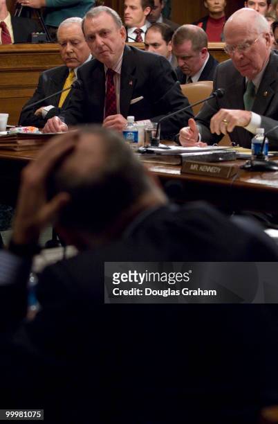 Orrin Hatch, R-UT., Arlen Specter,R-PA., and Patrick Leahy, D-VT., during the Senate Judiciary Committee full committee markup to vote on the...