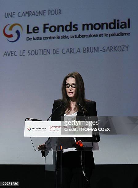 French First Lady and Global Fund's ambassador, Carla Bruni-Sarkozy, delivers a speech to support the international launch of the "Born HIV free"...