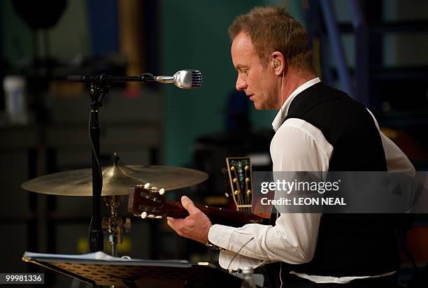 British recording artist Sting rehearses with the Royal Philharmonic Orchestra at Abbey Road Studios in west London on May 19, 2010 as he releases...
