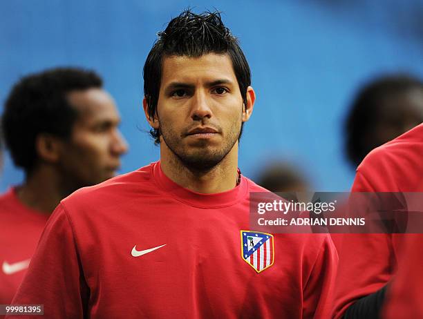 Atletico Madrid's Argentinian forward Sergio Aguero warms up during a training session at the Nordbank-Arena stadium on May 11, 2010 in Hamburg,...