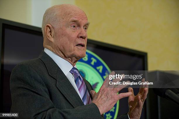 Former Senator John Glenn during a press conference with Discovery Communications Founder and Chairman John Hendricks' for the official presentation...