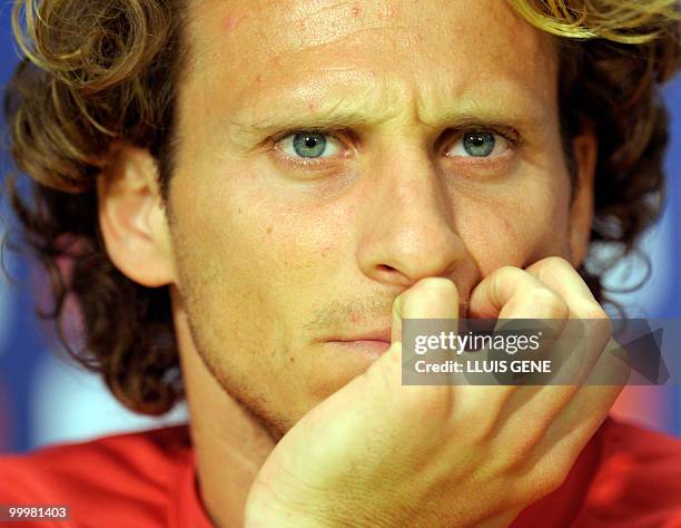 Atletico Madrid's Uruguayan forward Diego Forlan addresses a press conference on May 11, 2010 in Hamburg, northern Germany, one day ahead of the...