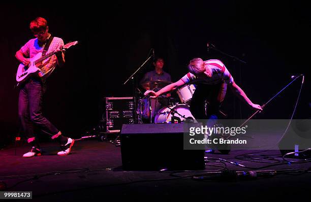 Jacob Graham, Connor Hanwick and Jonathan Pierce of The Drums perform on stage at Hammersmith Apollo on May 14, 2010 in London, England.