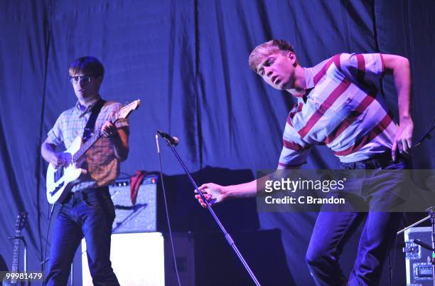 Jacob Graham and Jonathan Pierce of The Drums performs on stage at Hammersmith Apollo on May 14, 2010 in London, England.