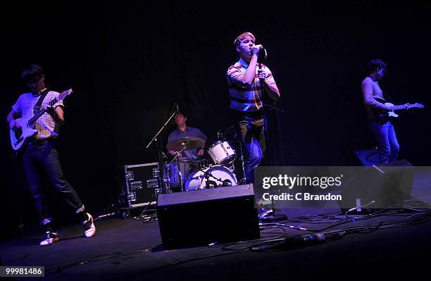 Jacob Graham, Connor Hanwick, Jonathan Pierce and Adam Kessler of The Drums perform on stage at Hammersmith Apollo on May 14, 2010 in London, England.