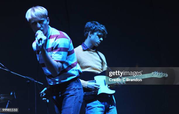 Jonathan Pierce and Adam Kessler of The Drums performs on stage at Hammersmith Apollo on May 14, 2010 in London, England.